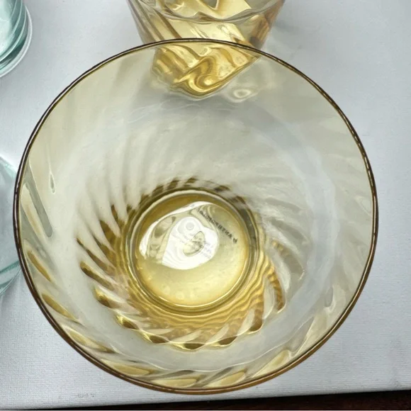 Set Of 6 ANTHROPOLOGIE Glasses 3 Green & 3 Amber Swirl Picnic Juice 3.75” EXC! - Picture 13 of 16